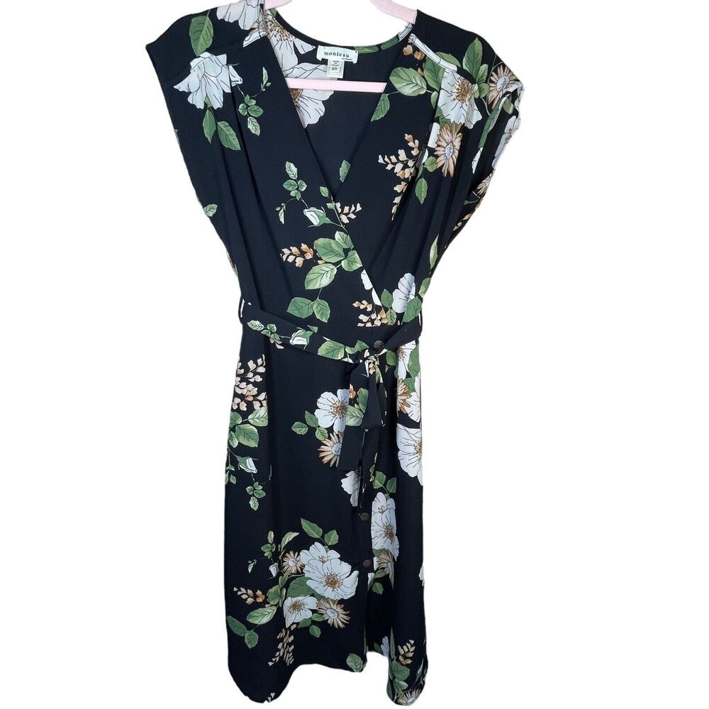 Monteau Black‎ Floral Wrap Front Tie Waist Women's Floral Size XS Midi Dress